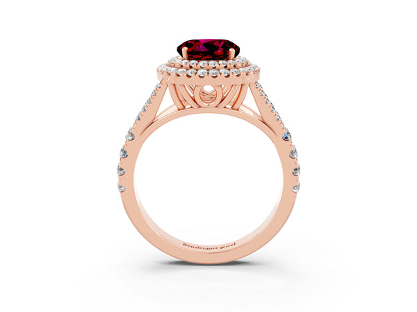 Rose gold Double Halo Round Cut Garnet Split Shank Engagement Ring with Four-Prong Setting