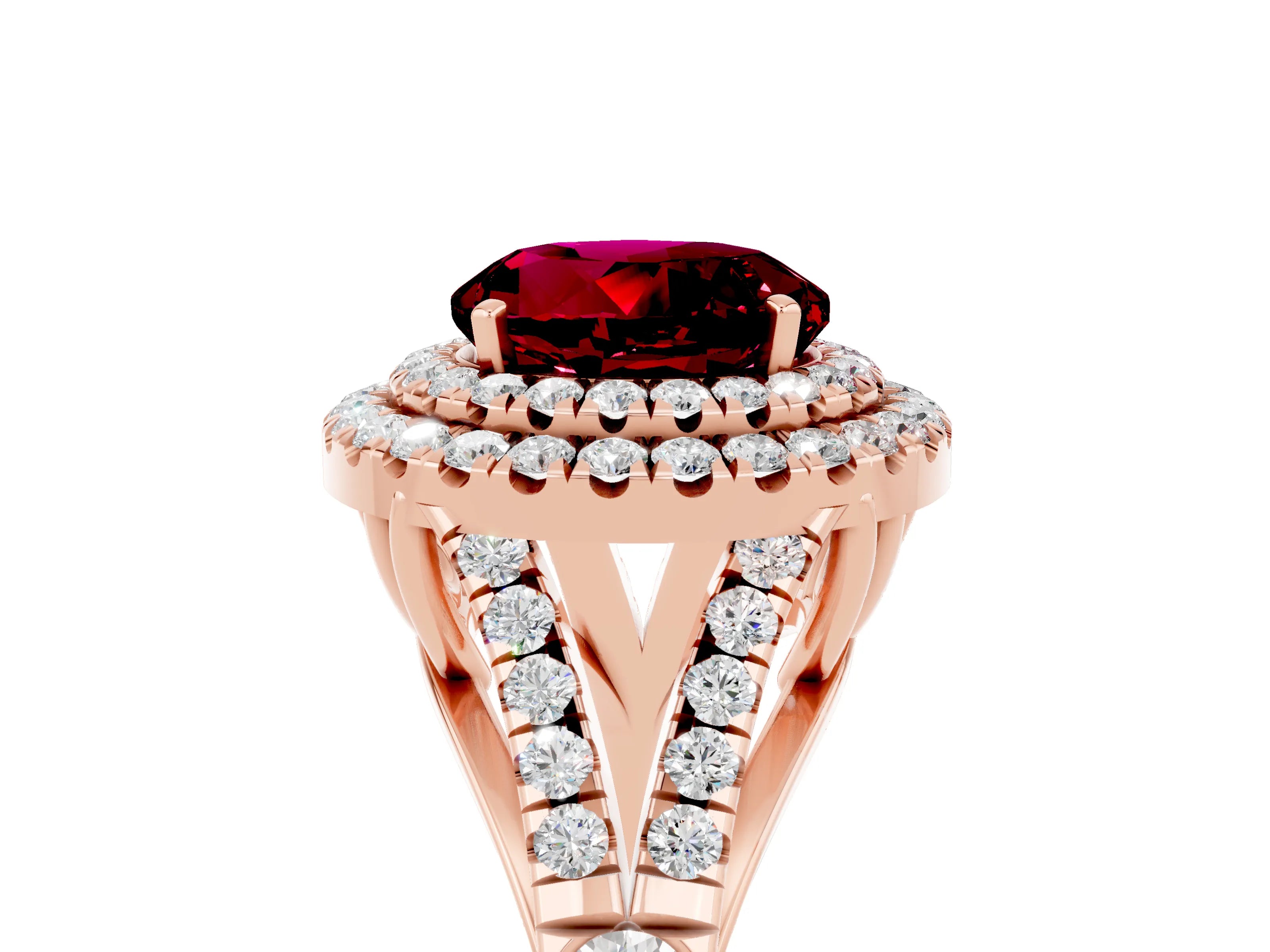 Rose gold Double Halo Round Cut Garnet Split Shank Engagement Ring with Four-Prong Setting_5