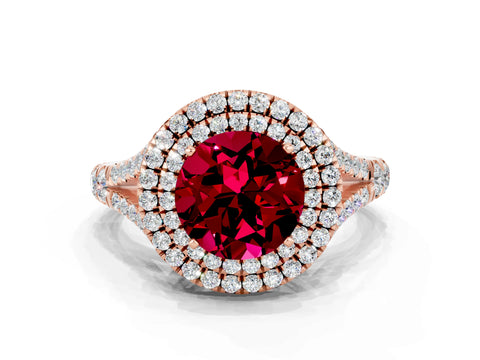 Rose gold Double Halo Round Cut Garnet Split Shank Engagement Ring with Four-Prong Setting