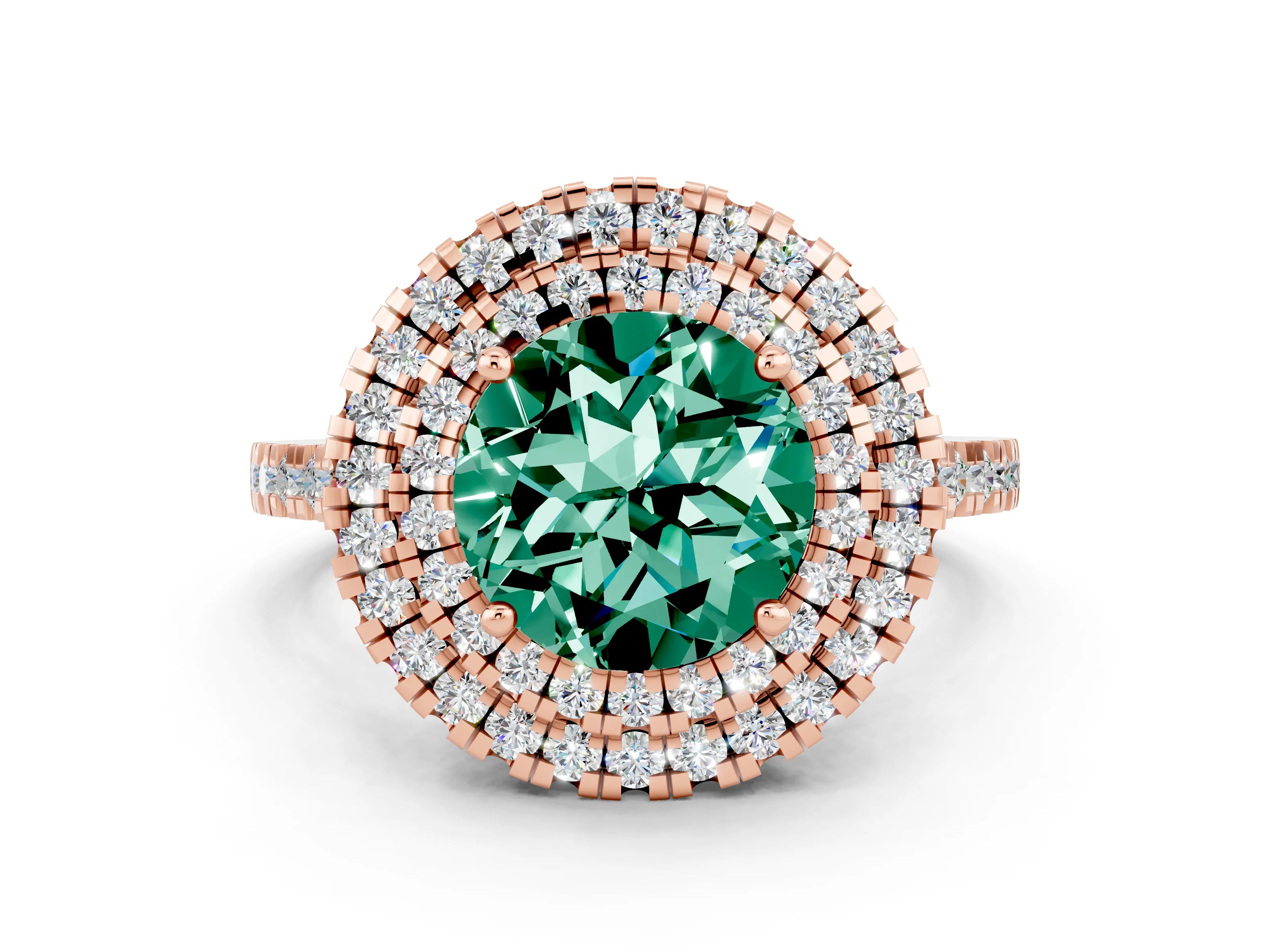 Rose gold Double Halo Round Cut Green Sapphire Pavé Band with Four-Prong Setting