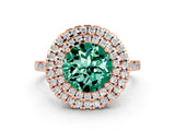 Rose gold Double Halo Round Cut Green Sapphire Pavé Band with Four-Prong Setting