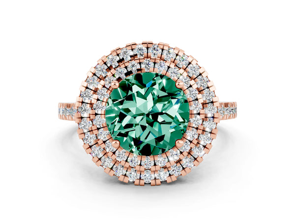 Rose gold Double Halo Round Cut Green Sapphire Pavé Band with Four-Prong Setting