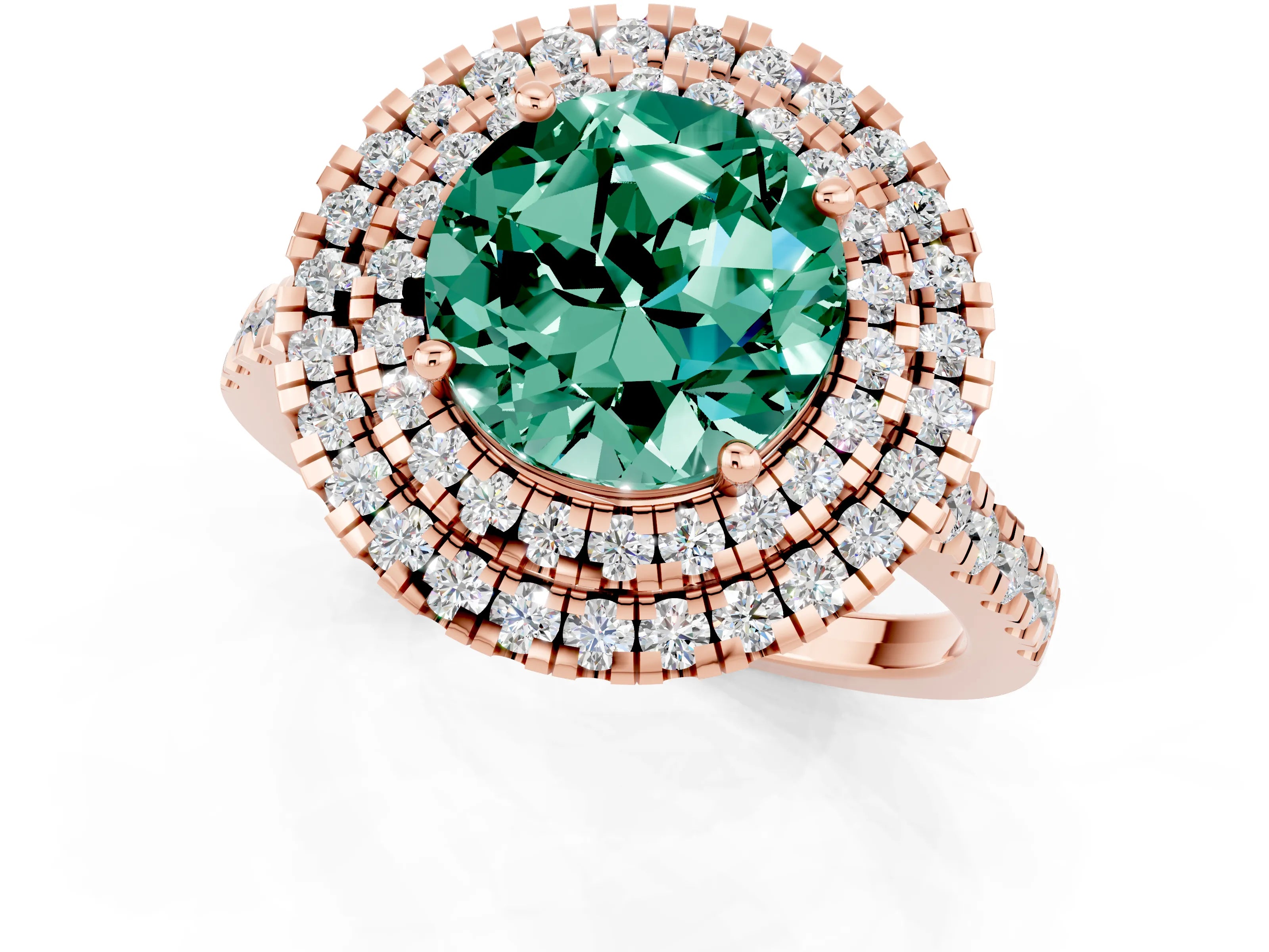 Rose gold Double Halo Round Cut Green Sapphire Pavé Band with Four-Prong Setting_1