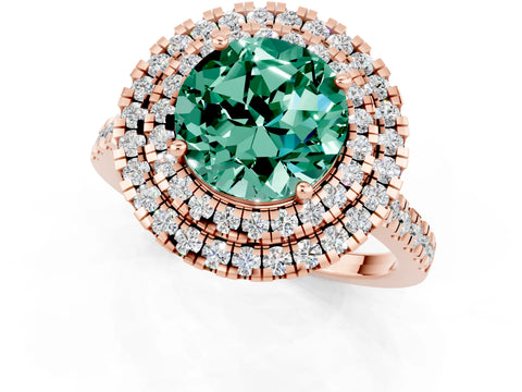 Rose gold Double Halo Round Cut Green Sapphire Pavé Band with Four-Prong Setting_1