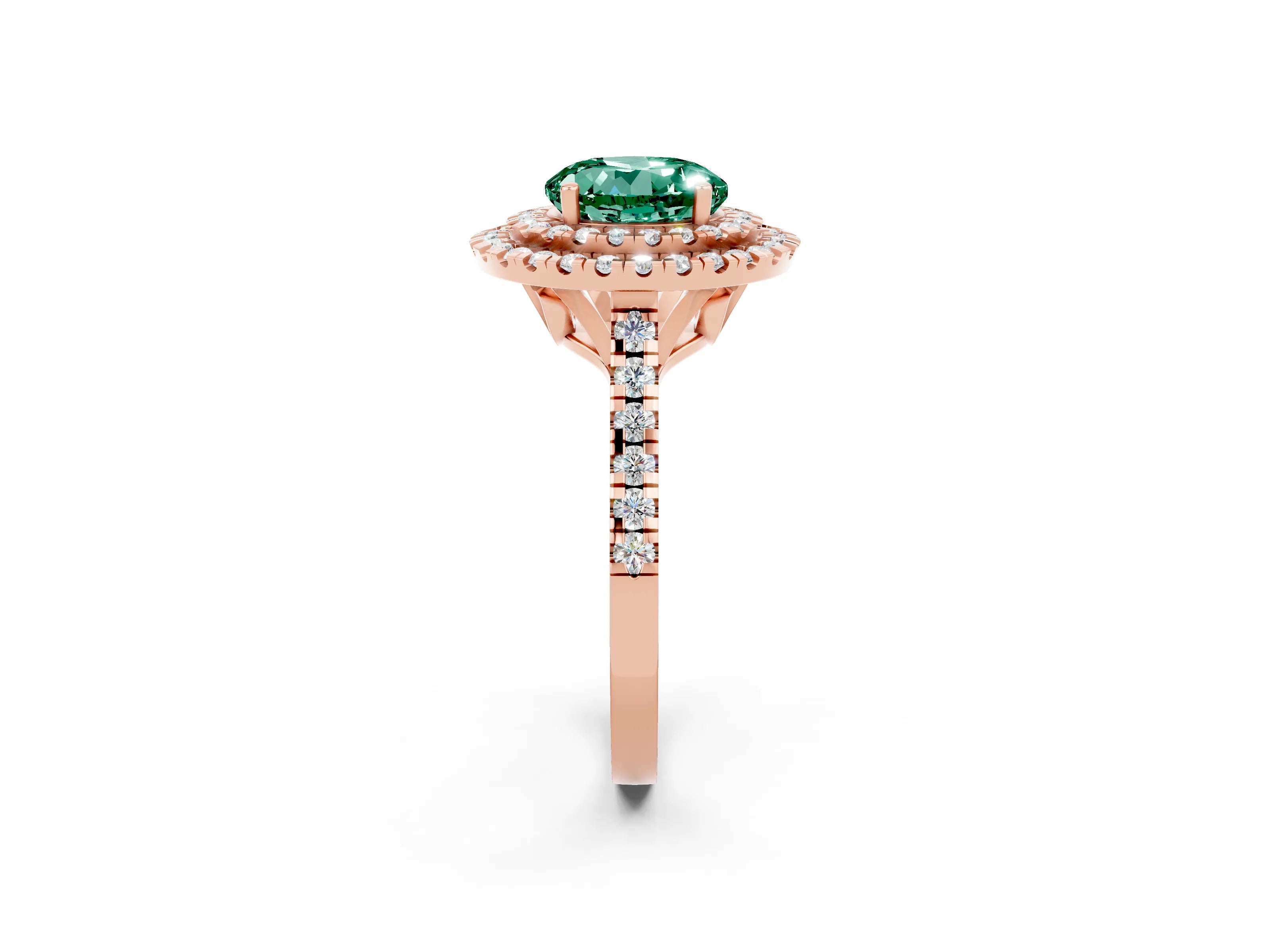 Rose gold Double Halo Round Cut Green Sapphire Pavé Band with Four-Prong Setting_2
