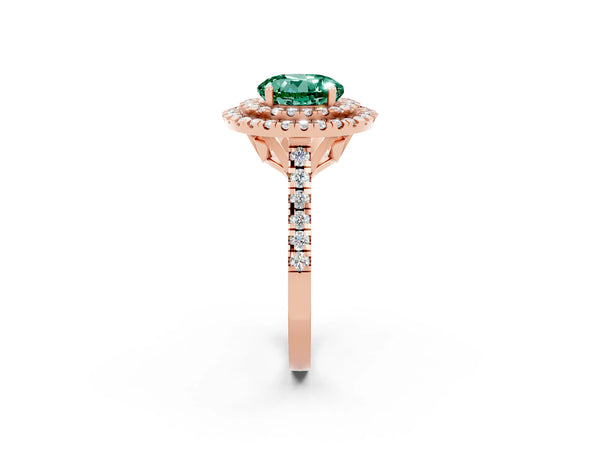 Rose gold Double Halo Round Cut Green Sapphire Pavé Band with Four-Prong Setting
