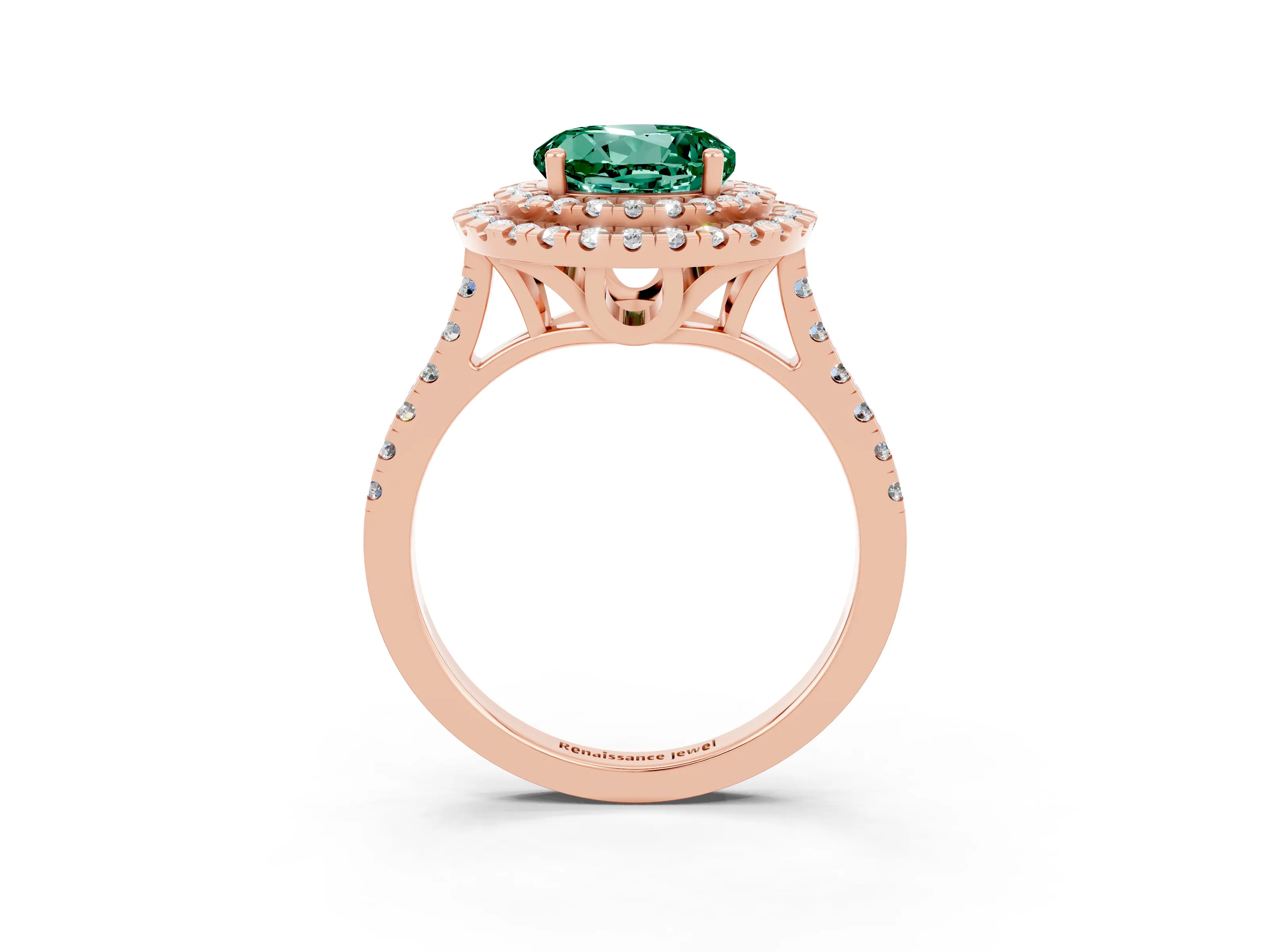 Rose gold Double Halo Round Cut Green Sapphire Pavé Band with Four-Prong Setting_3