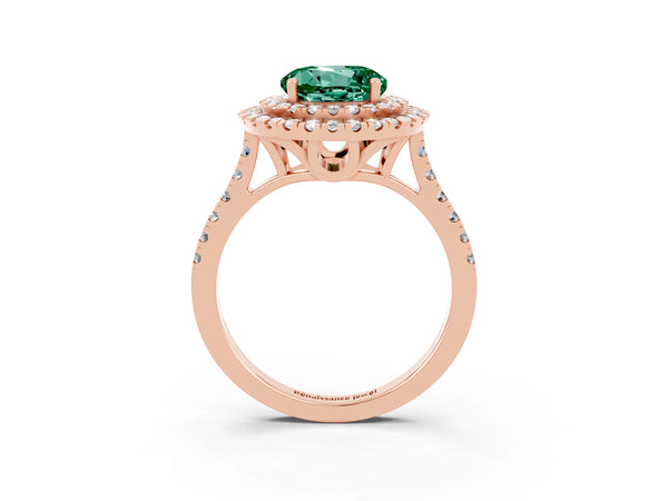 Rose gold Double Halo Round Cut Green Sapphire Pavé Band with Four-Prong Setting