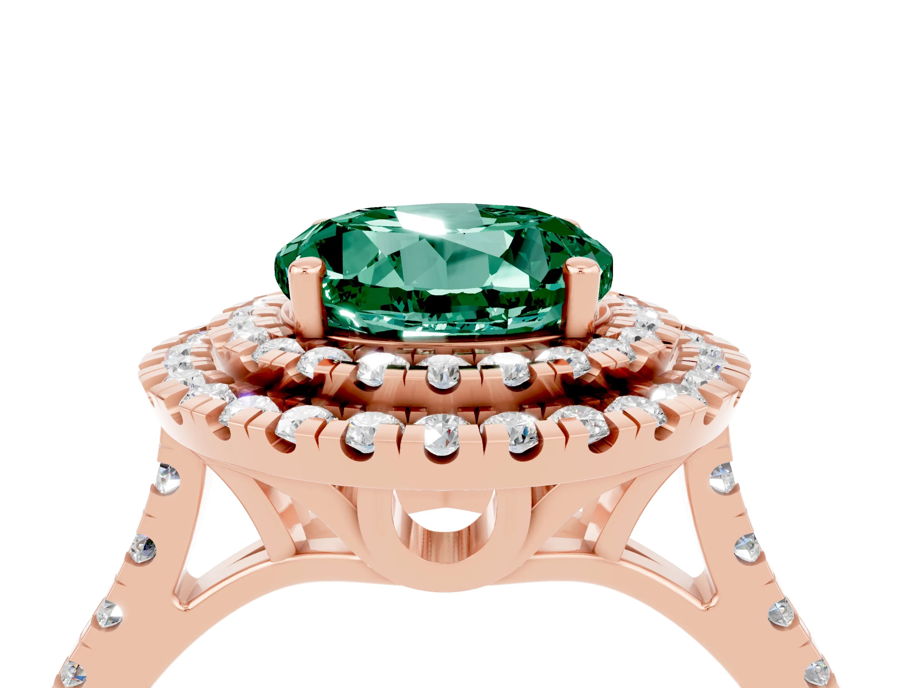 Rose gold Double Halo Round Cut Green Sapphire Pavé Band with Four-Prong Setting_4