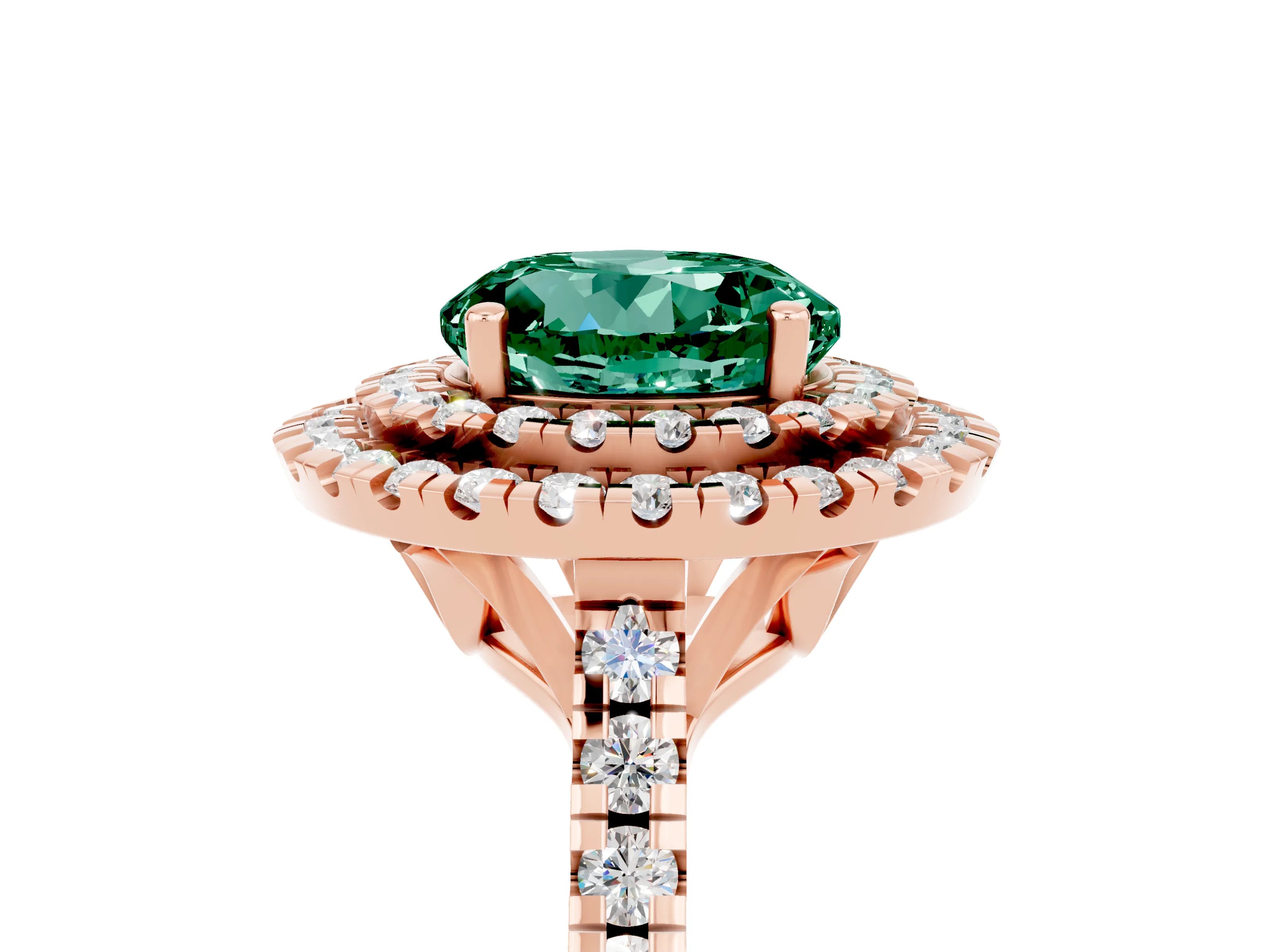 Rose gold Double Halo Round Cut Green Sapphire Pavé Band with Four-Prong Setting_5