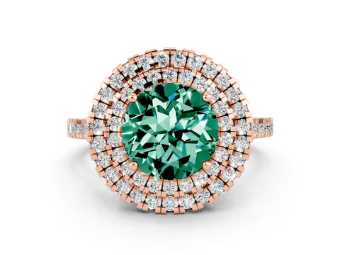 Rose gold Double Halo Round Cut Green Sapphire Pavé Band with Four-Prong Setting
