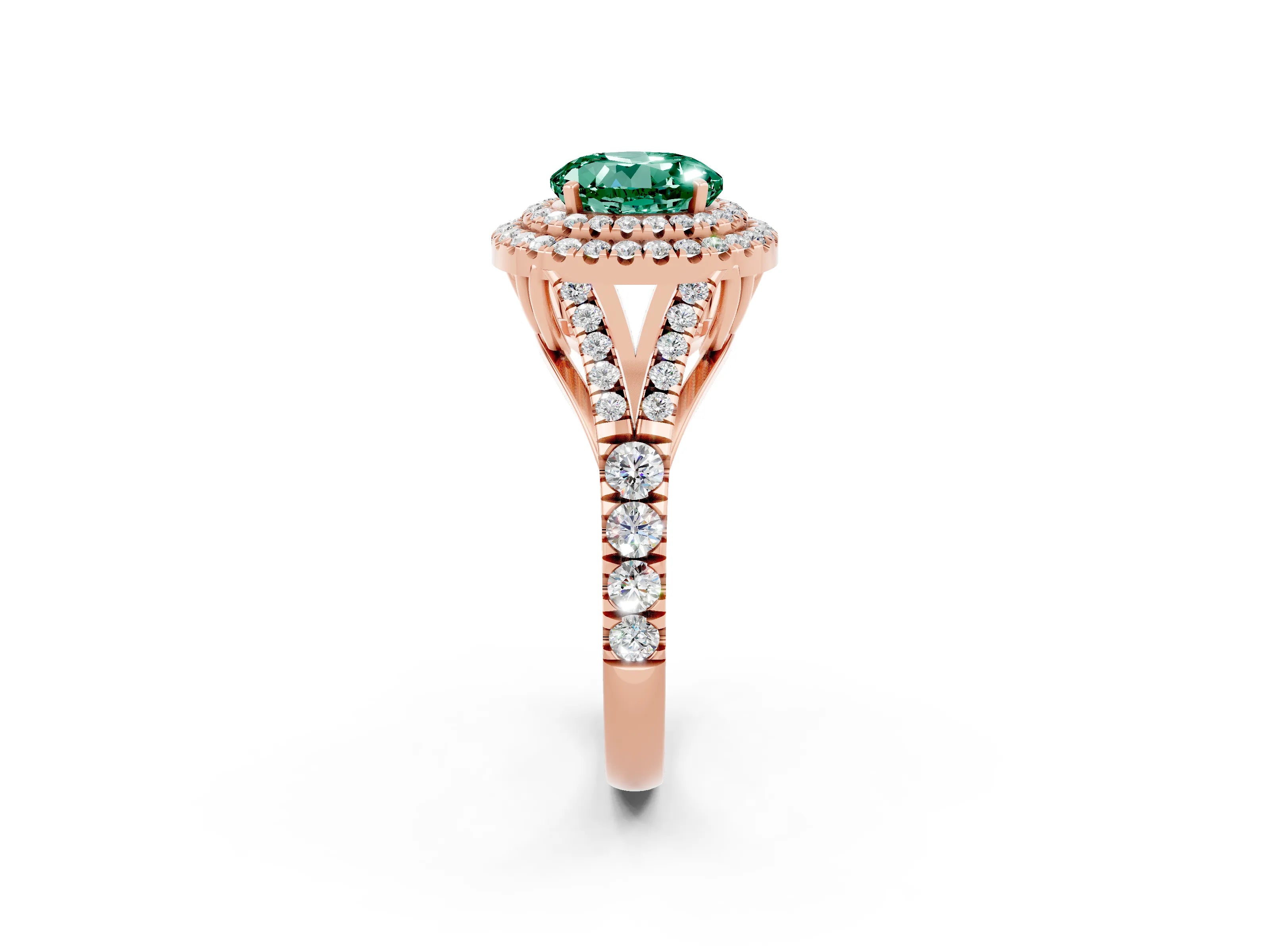 Rose gold Double Halo Round Cut Green Sapphire Pavé Split Shank Ring with Prong Setting_2