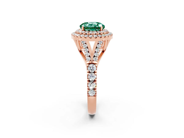 Rose gold Double Halo Round Cut Green Sapphire Pavé Split Shank Ring with Prong Setting