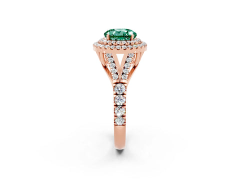 Rose gold Double Halo Round Cut Green Sapphire Pavé Split Shank Ring with Prong Setting_2