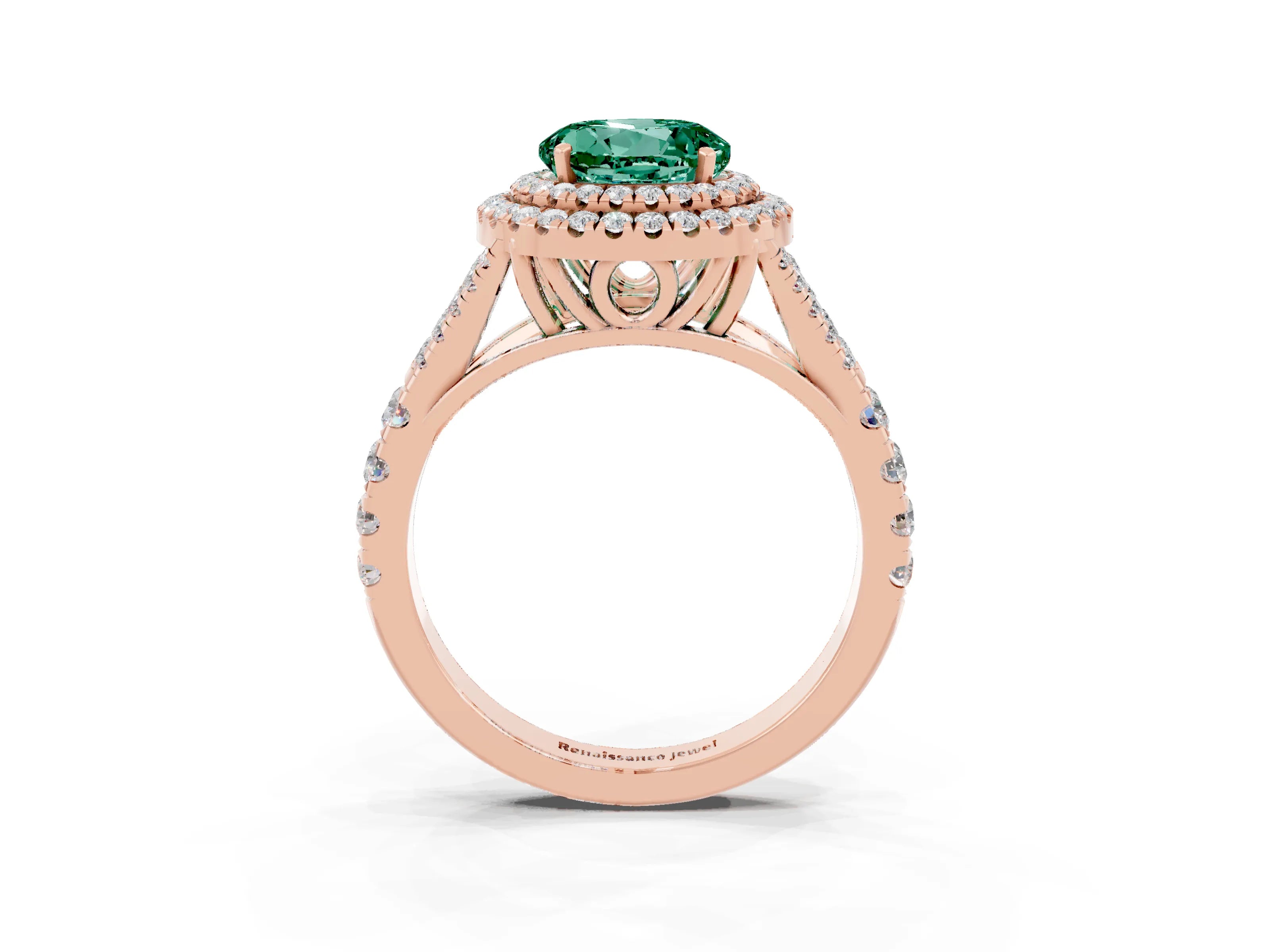 Rose gold Double Halo Round Cut Green Sapphire Pavé Split Shank Ring with Prong Setting_3