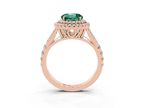 Rose gold Double Halo Round Cut Green Sapphire Pavé Split Shank Ring with Prong Setting