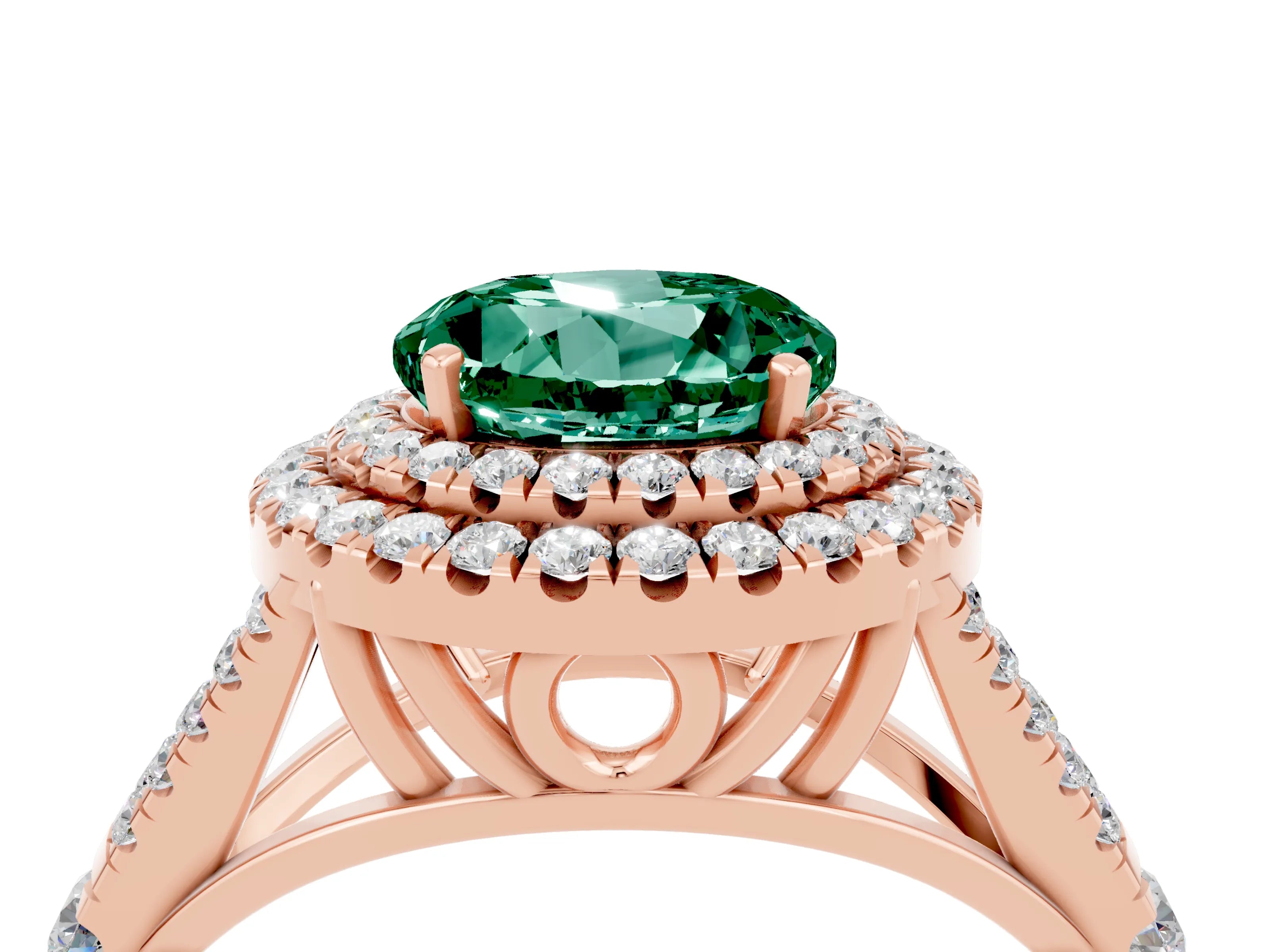 Rose gold Double Halo Round Cut Green Sapphire Pavé Split Shank Ring with Prong Setting_4