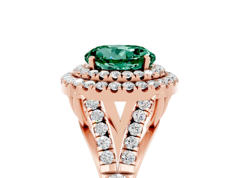 Rose gold Double Halo Round Cut Green Sapphire Pavé Split Shank Ring with Prong Setting_5