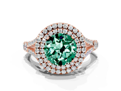 Rose gold Double Halo Round Cut Green Sapphire Pavé Split Shank Ring with Prong Setting