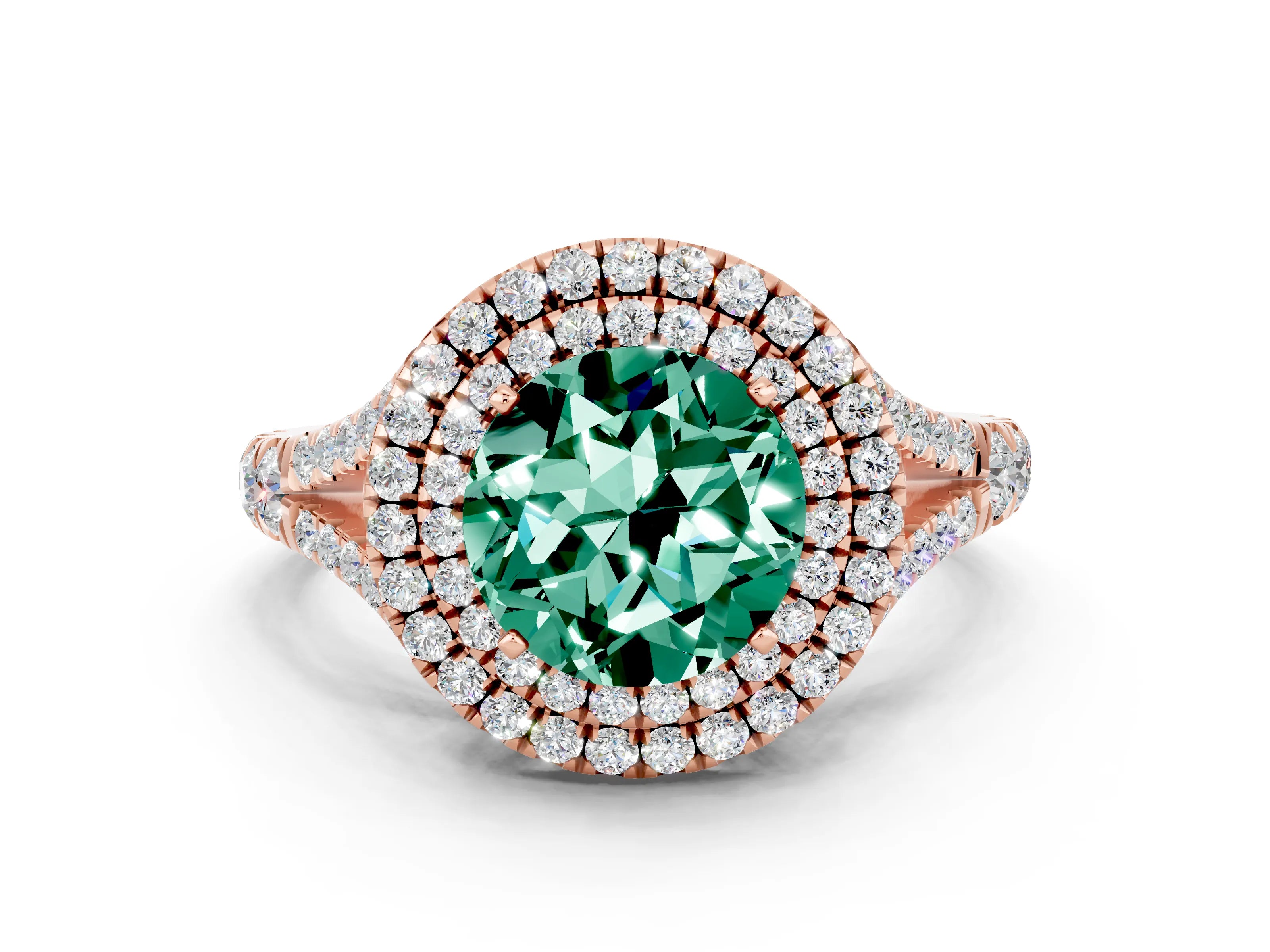 Rose gold Double Halo Round Cut Green Sapphire Split Shank Engagement Ring with Four-Prong Setting