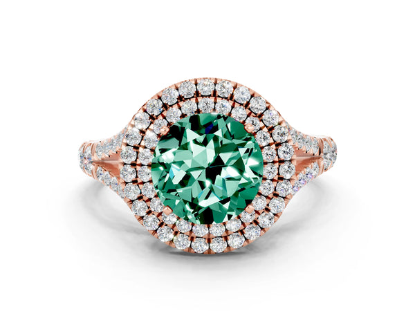Rose gold Double Halo Round Cut Green Sapphire Split Shank Engagement Ring with Four-Prong Setting
