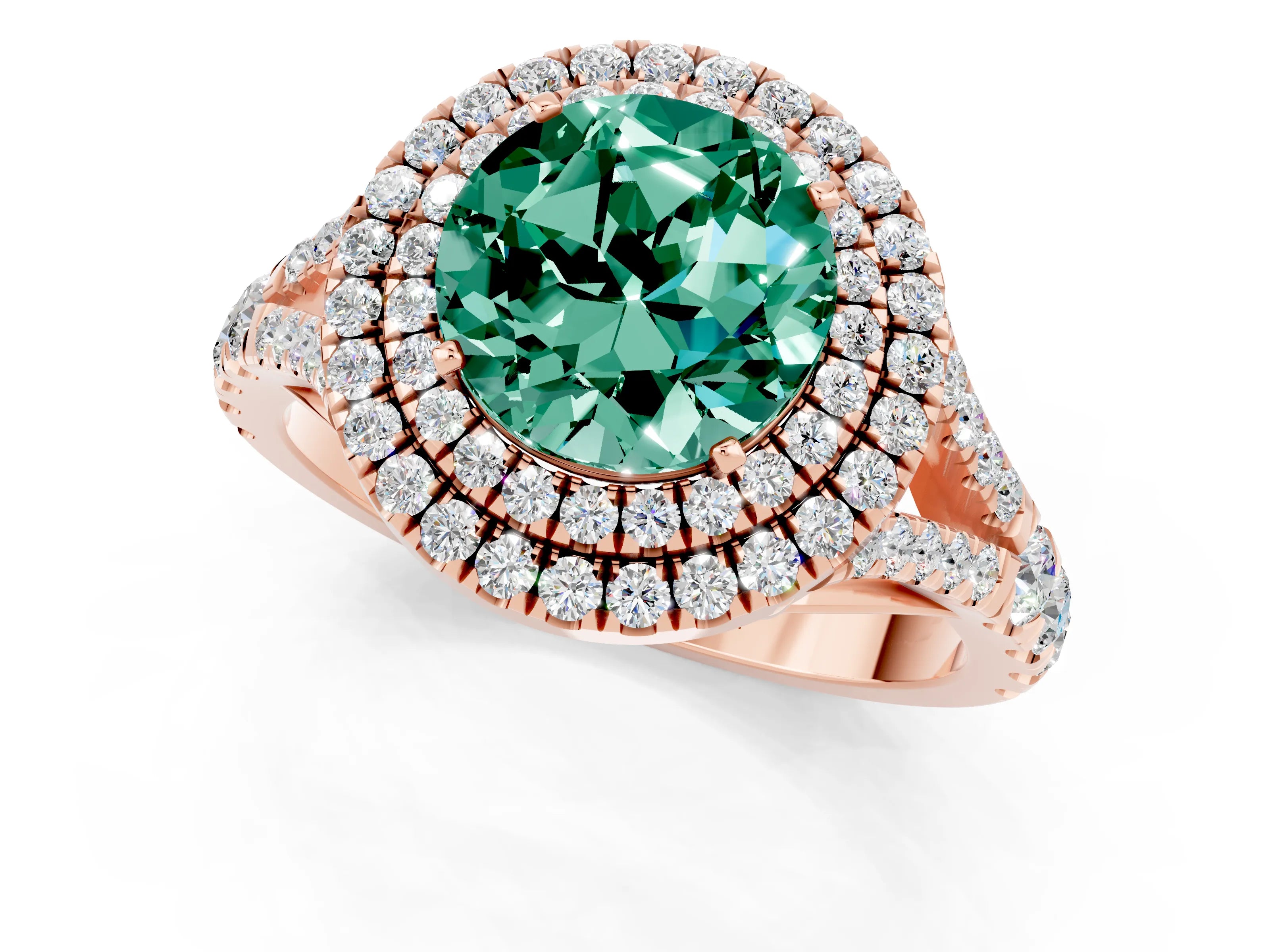 Rose gold Double Halo Round Cut Green Sapphire Split Shank Engagement Ring with Four-Prong Setting_1