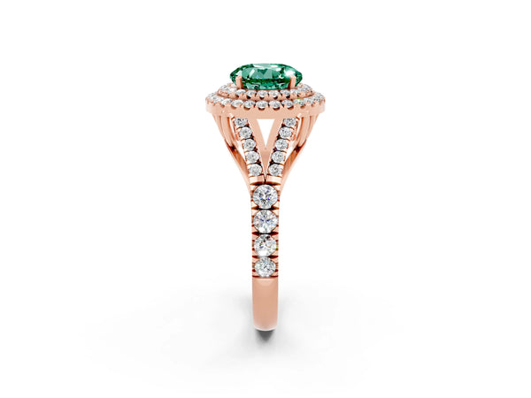 Rose gold Double Halo Round Cut Green Sapphire Split Shank Engagement Ring with Four-Prong Setting