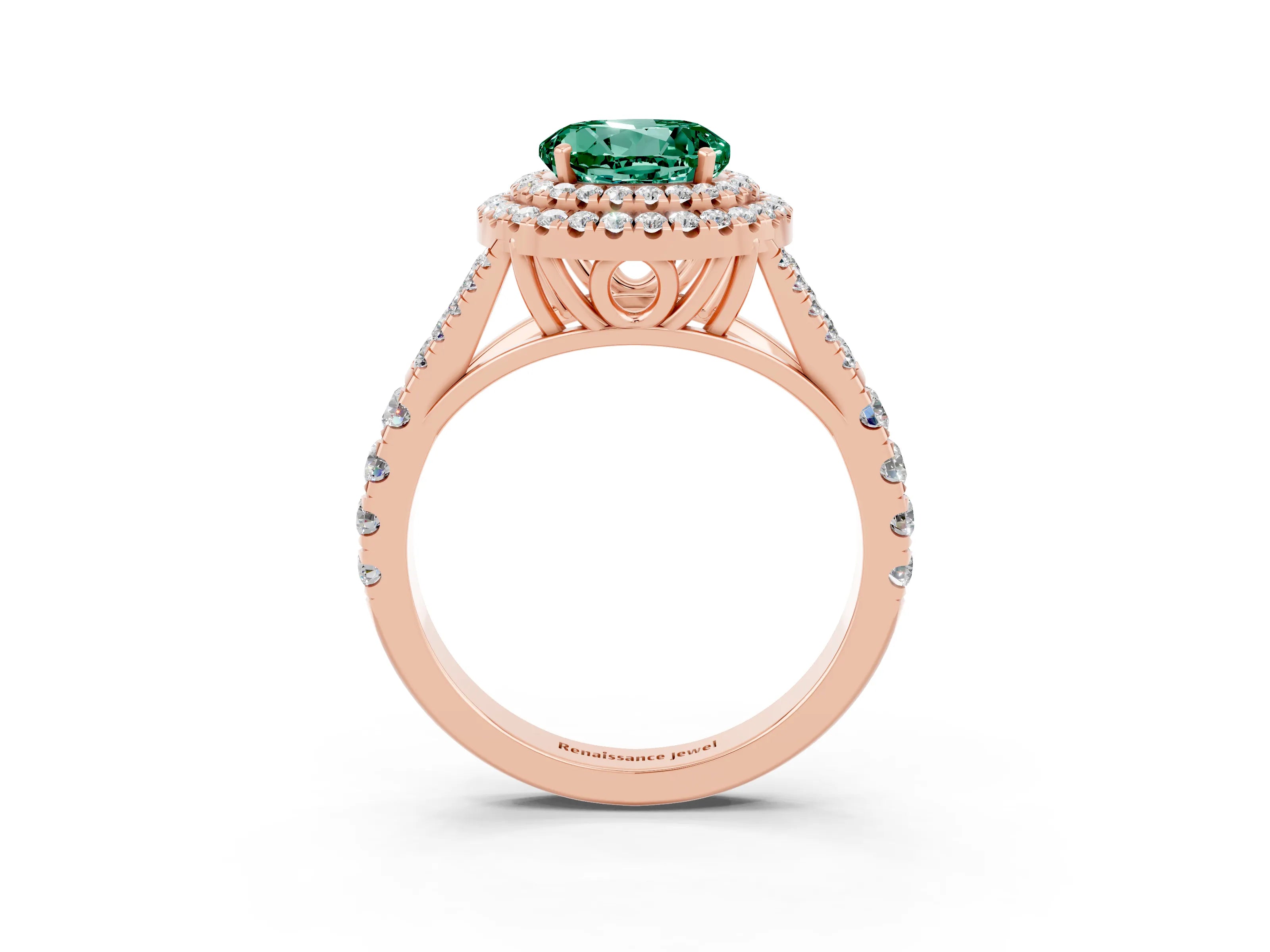 Rose gold Double Halo Round Cut Green Sapphire Split Shank Engagement Ring with Four-Prong Setting_3