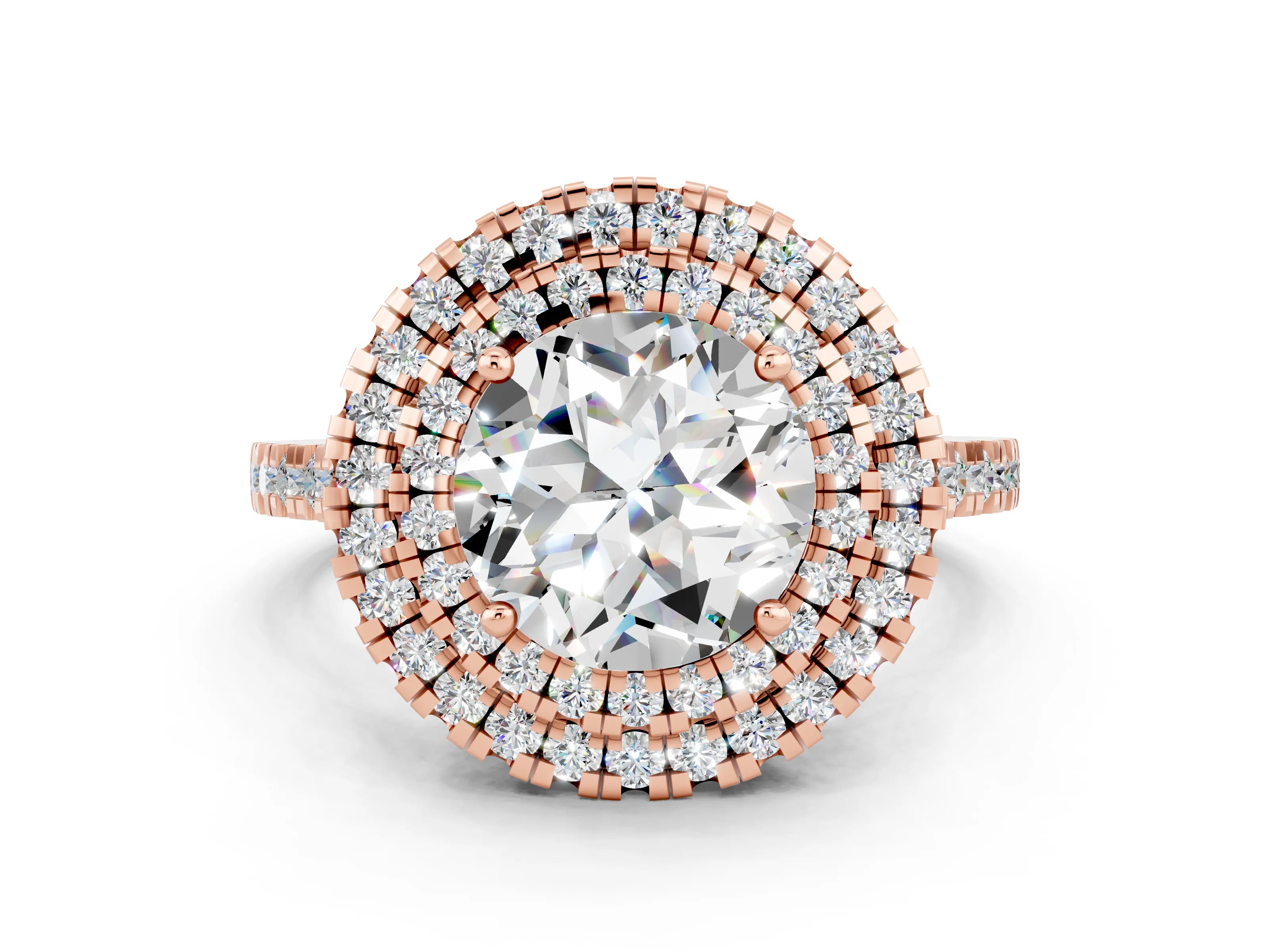 Rose gold Double Halo Round Cut Moissanite Pavé Band with Four-Prong Setting