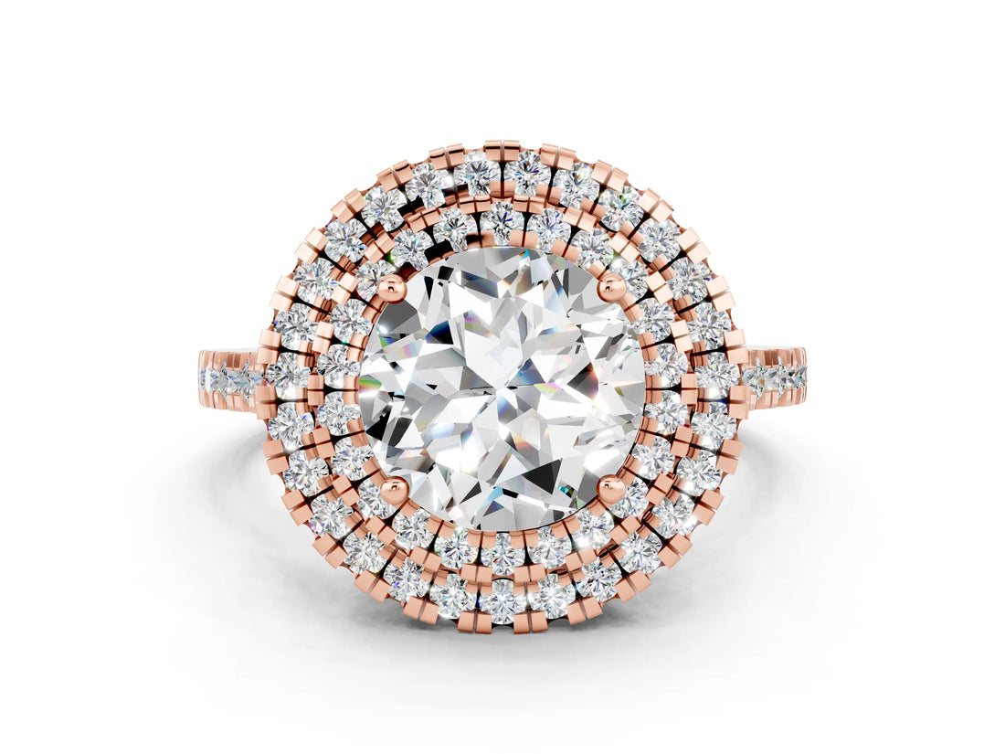 Rose gold Double Halo Round Cut Moissanite Pavé Band with Four-Prong Setting