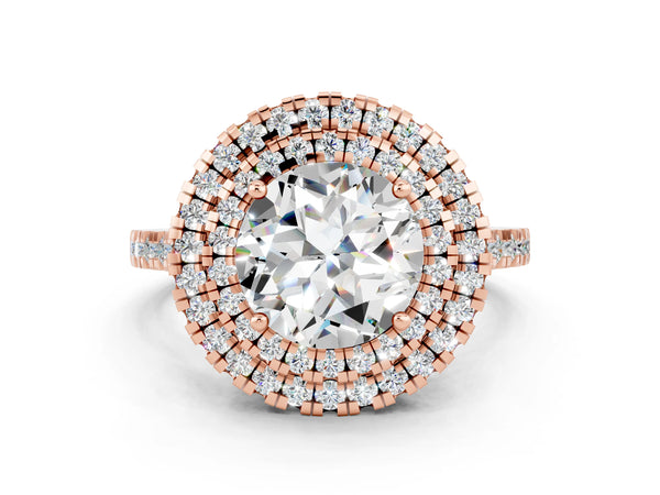 Rose gold Double Halo Round Cut Moissanite Pavé Band with Four-Prong Setting