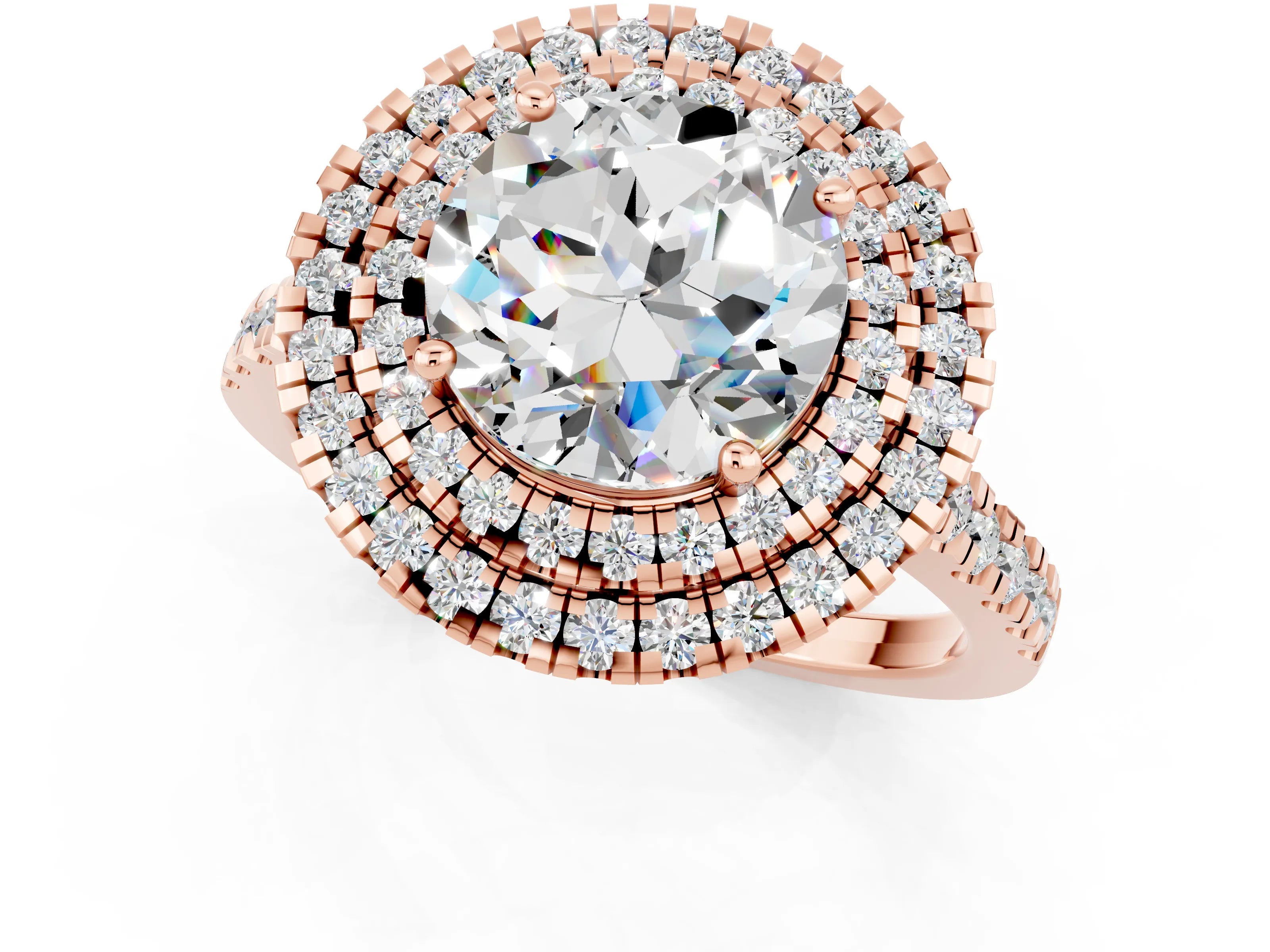 Rose gold Double Halo Round Cut Moissanite Pavé Band with Four-Prong Setting_1
