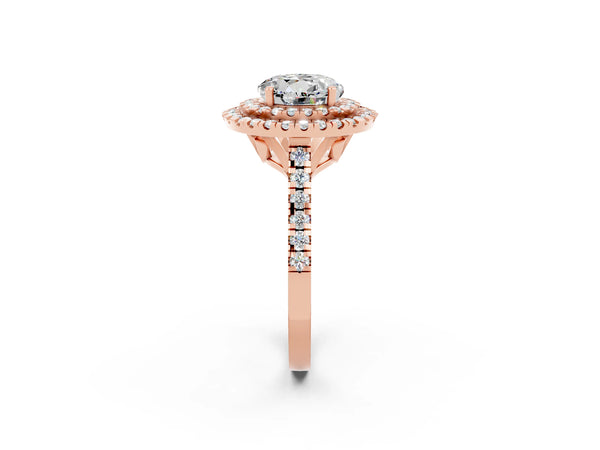 Rose gold Double Halo Round Cut Moissanite Pavé Band with Four-Prong Setting