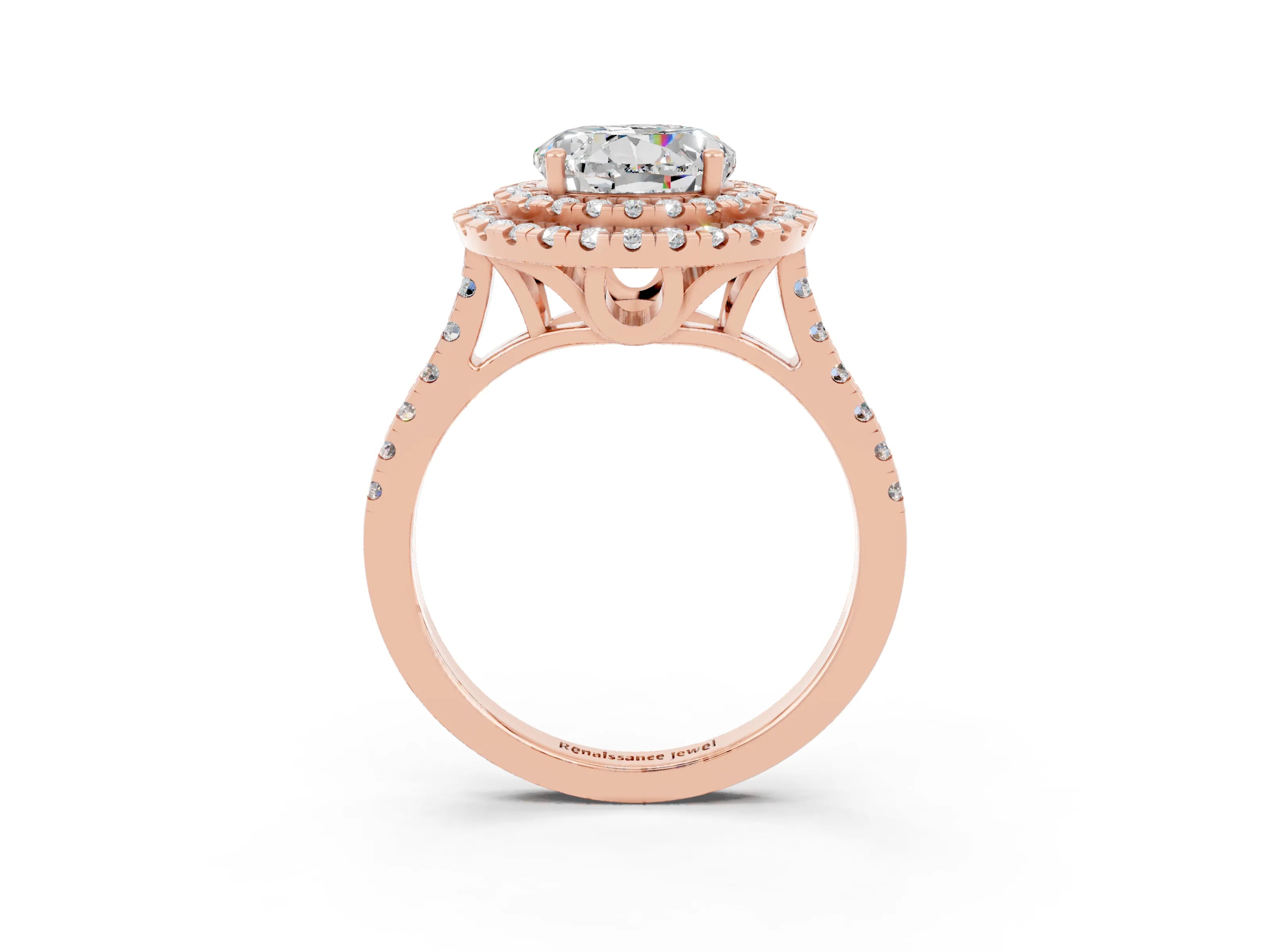 Rose gold Double Halo Round Cut Moissanite Pavé Band with Four-Prong Setting_3