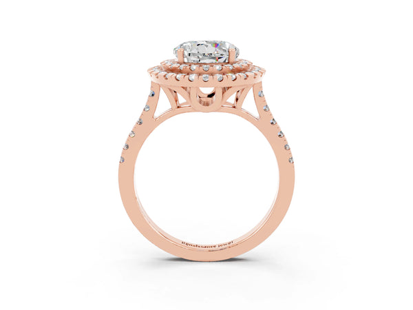 Rose gold Double Halo Round Cut Moissanite Pavé Band with Four-Prong Setting