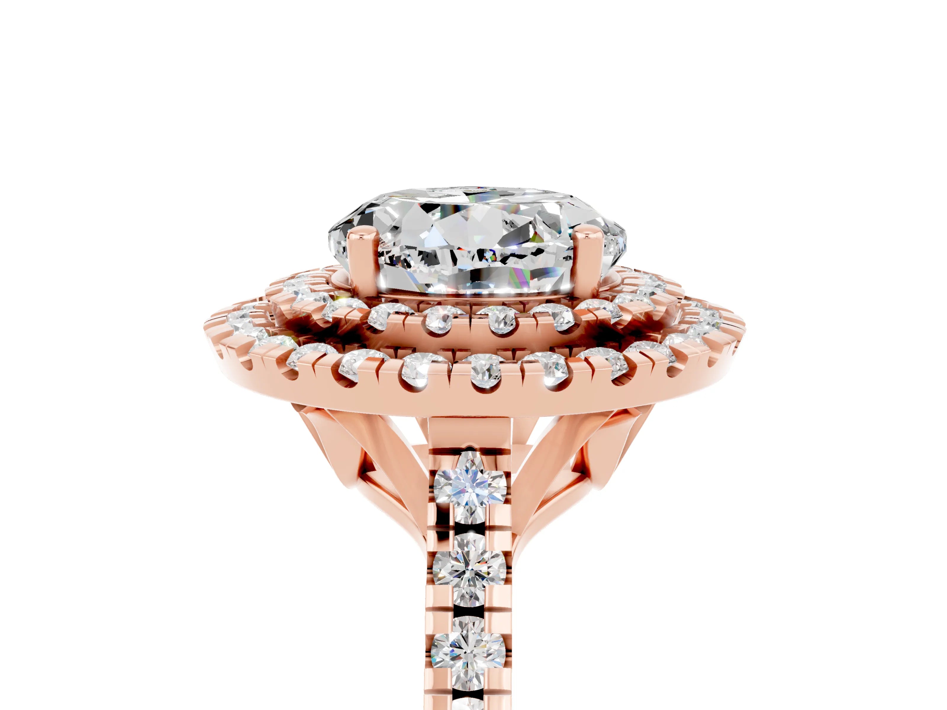 Rose gold Double Halo Round Cut Moissanite Pavé Band with Four-Prong Setting_5