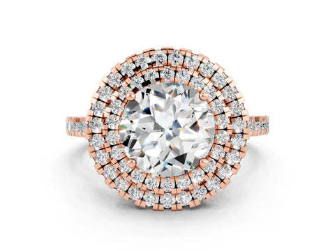 Rose gold Double Halo Round Cut Moissanite Pavé Band with Four-Prong Setting