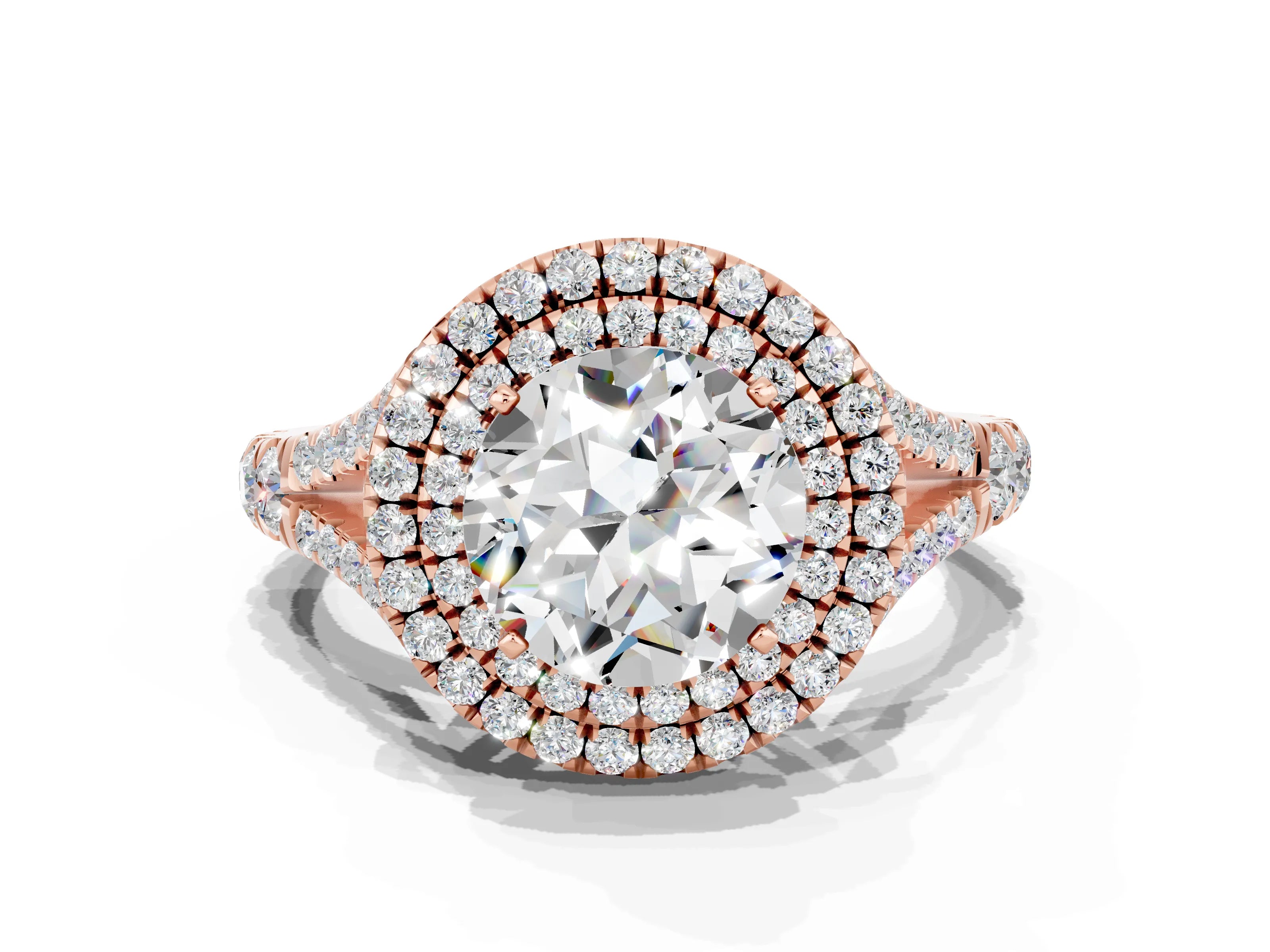 Rose gold Double Halo Round Cut Moissanite Pavé Split Shank Ring with Prong Setting