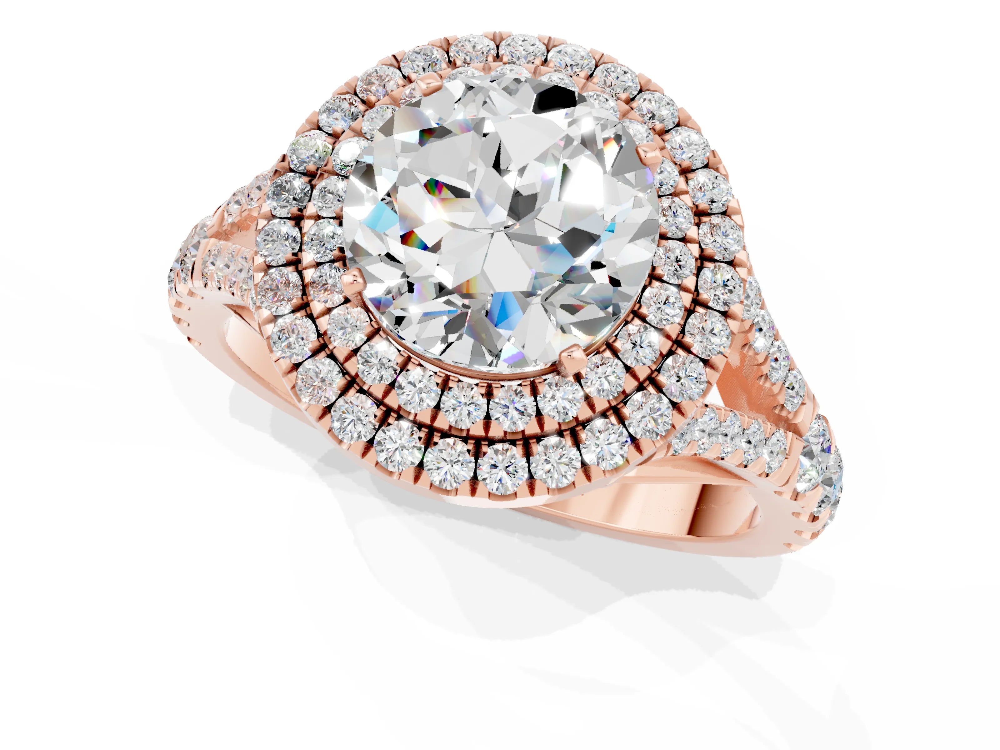 Rose gold Double Halo Round Cut Moissanite Pavé Split Shank Ring with Prong Setting_1