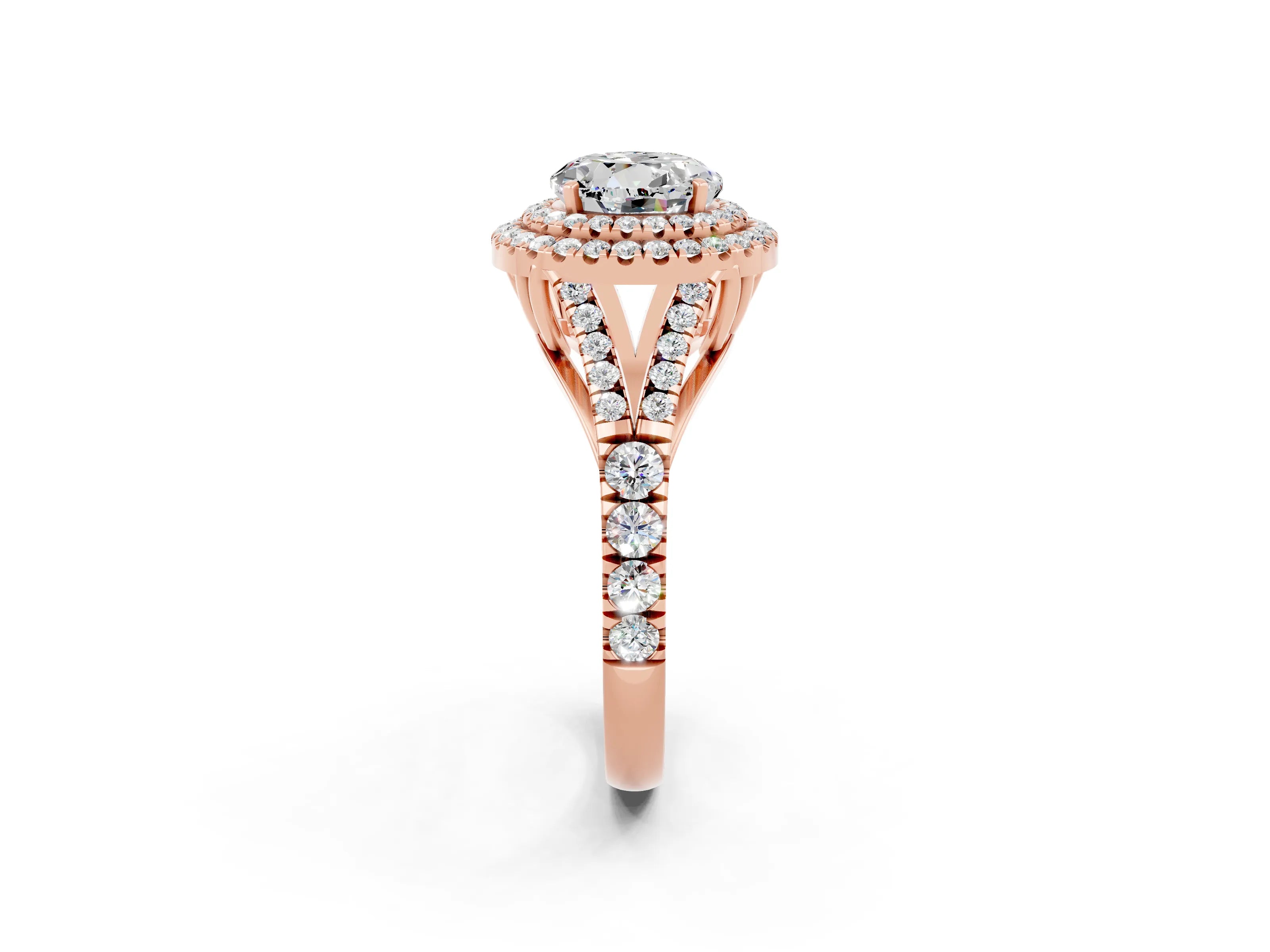 Rose gold Double Halo Round Cut Moissanite Pavé Split Shank Ring with Prong Setting_2