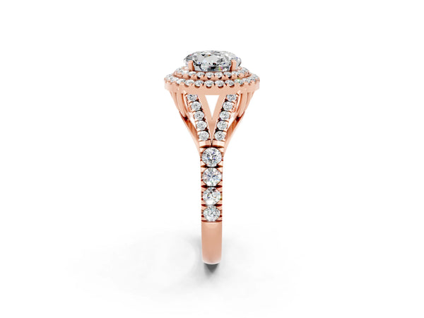 Rose gold Double Halo Round Cut Moissanite Pavé Split Shank Ring with Prong Setting
