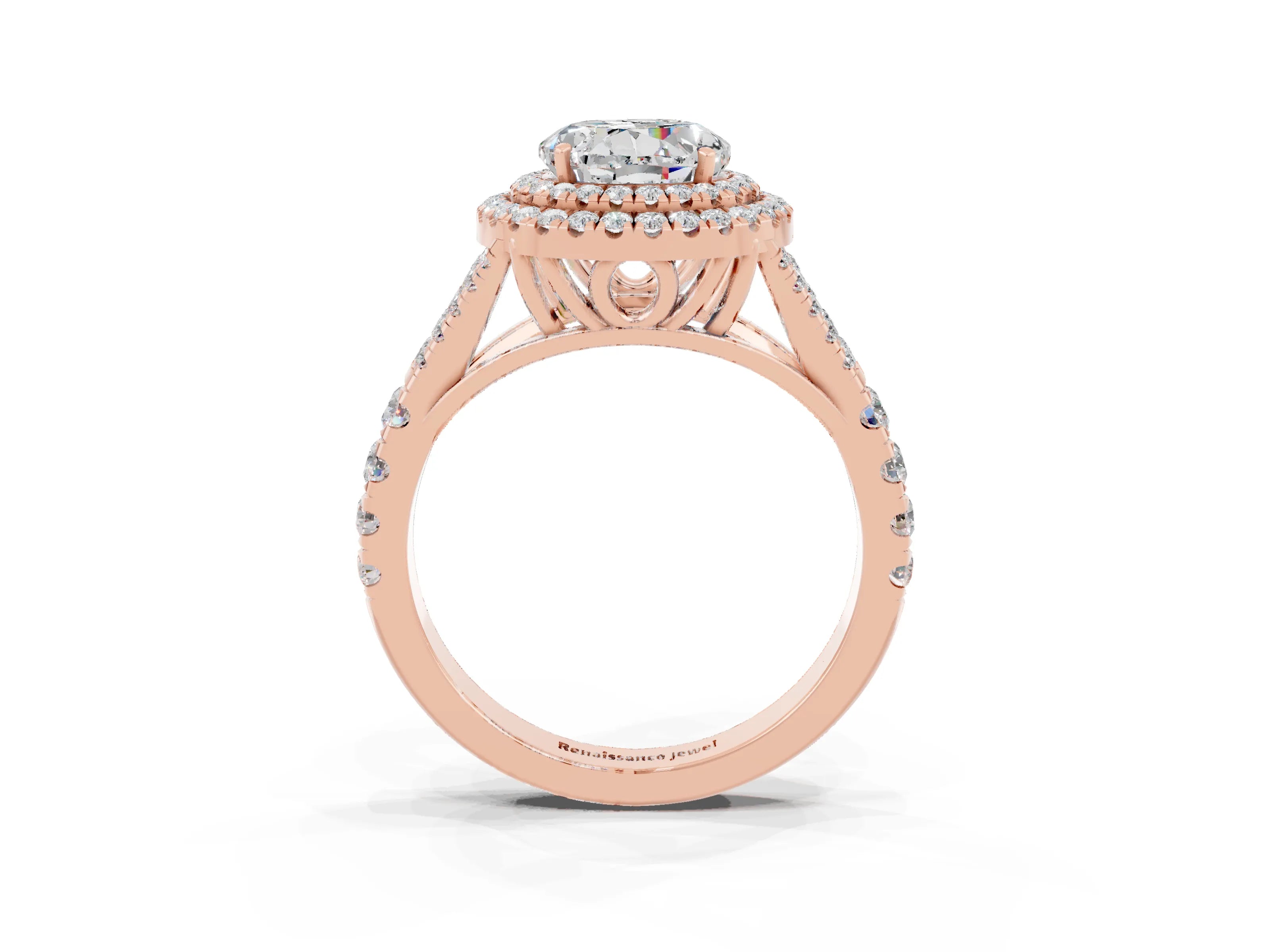 Rose gold Double Halo Round Cut Moissanite Pavé Split Shank Ring with Prong Setting_3