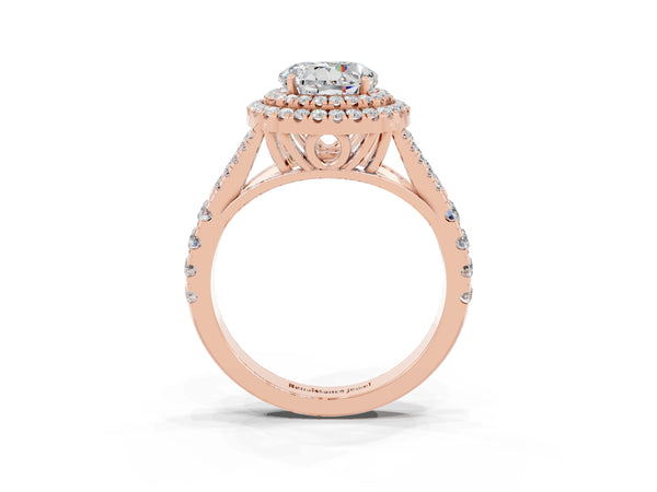 Rose gold Double Halo Round Cut Moissanite Pavé Split Shank Ring with Prong Setting