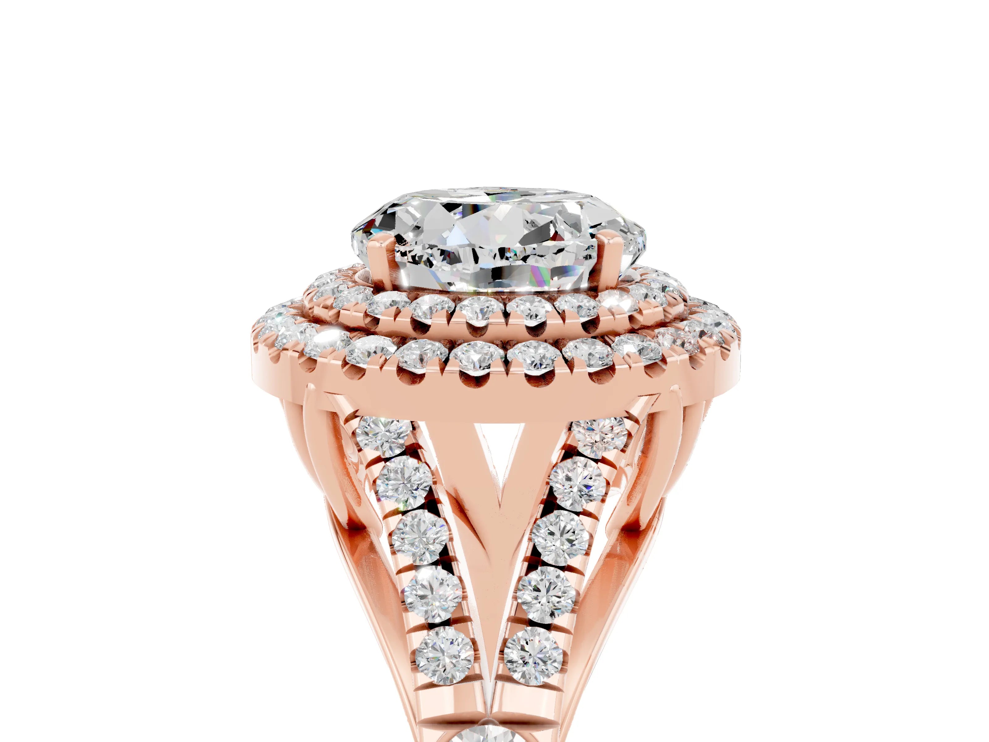 Rose gold Double Halo Round Cut Moissanite Pavé Split Shank Ring with Prong Setting_5