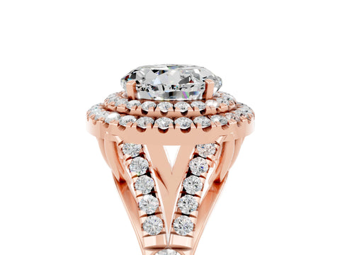 Rose gold Double Halo Round Cut Moissanite Pavé Split Shank Ring with Prong Setting_5