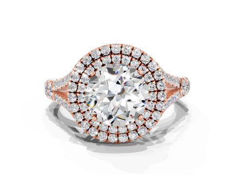 Rose gold Double Halo Round Cut Moissanite Pavé Split Shank Ring with Prong Setting