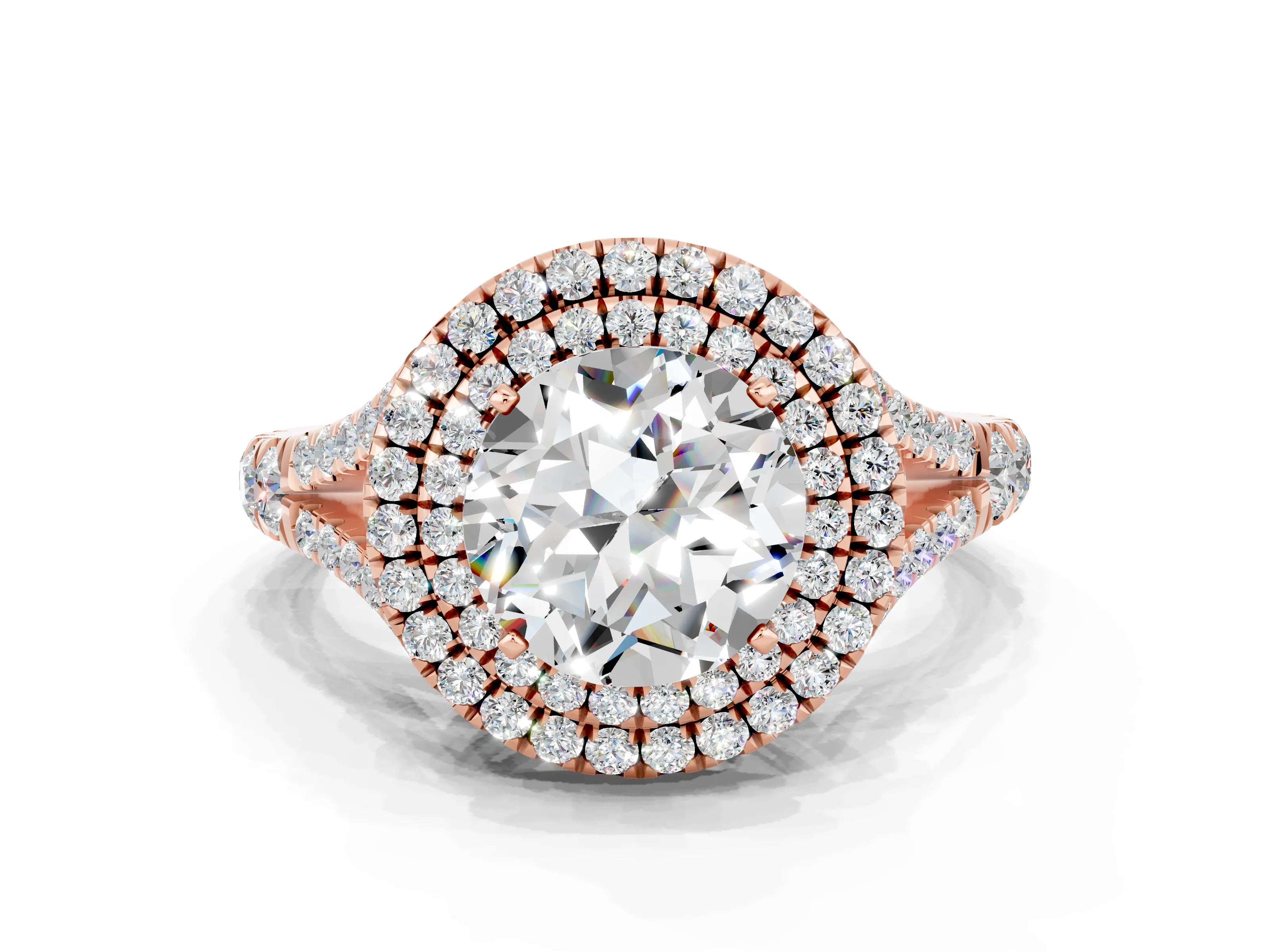 Rose gold Double Halo Round Cut Moissanite Split Shank Engagement Ring with Four-Prong Setting