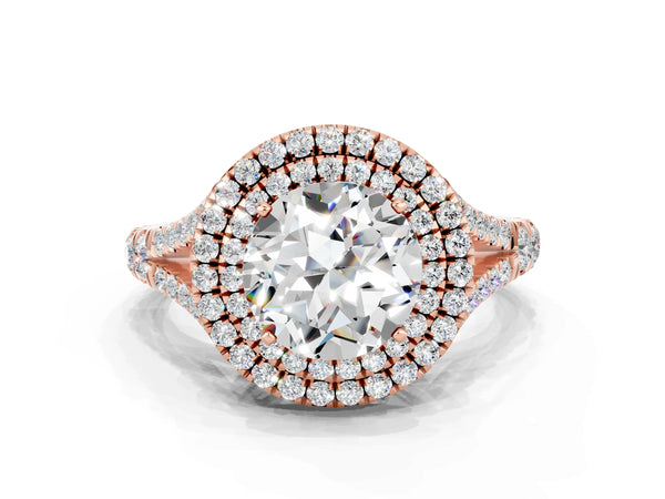 Rose gold Double Halo Round Cut Moissanite Split Shank Engagement Ring with Four-Prong Setting