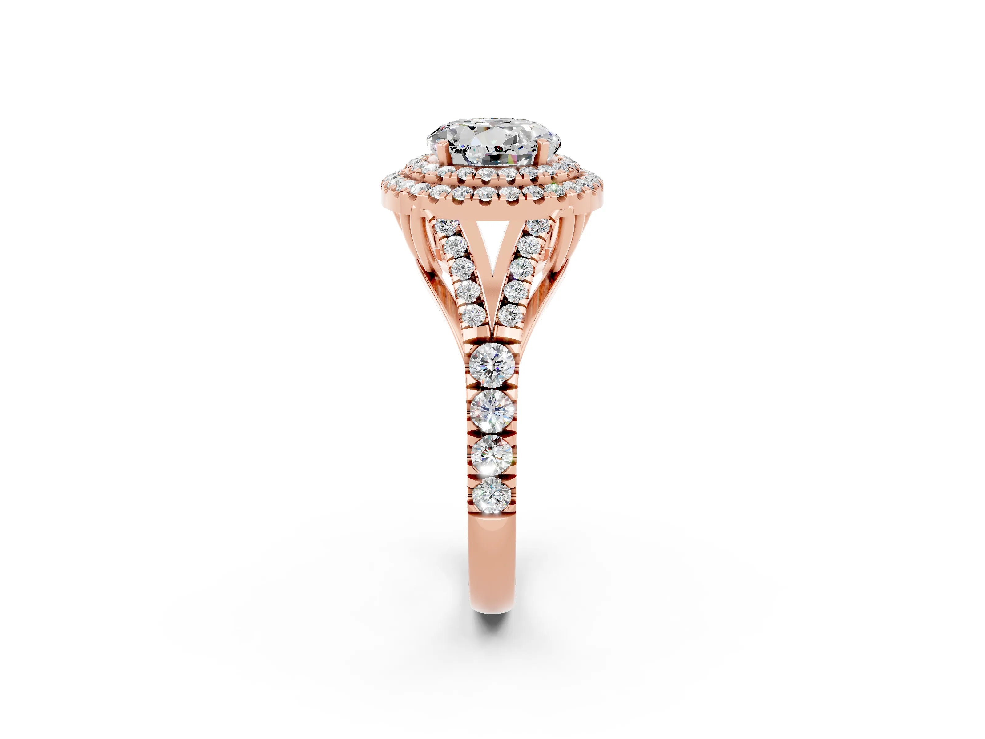 Rose gold Double Halo Round Cut Moissanite Split Shank Engagement Ring with Four-Prong Setting_2