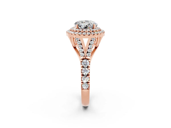 Rose gold Double Halo Round Cut Moissanite Split Shank Engagement Ring with Four-Prong Setting